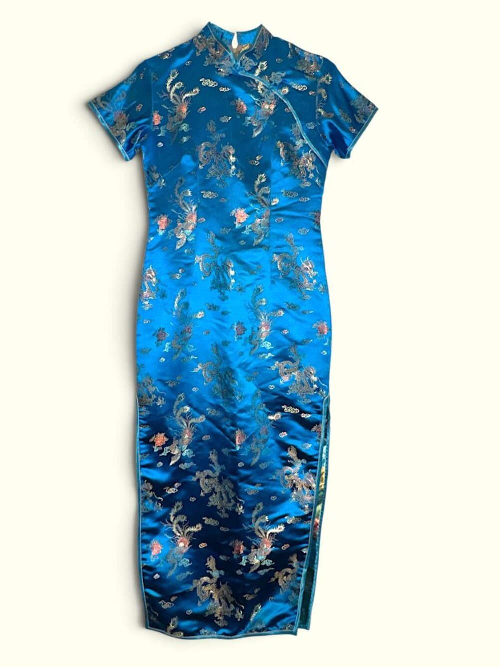 VTG Traditional Chinese Dress Blue Satin & Gold Highlights Asian Birds Dragons